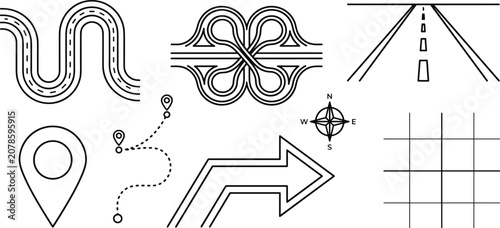 Cuadro en lienzo Winding highway and map navigation vector line art icon set featuring road curve