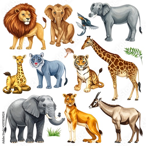 Diverse group of wild animals in natural poses.