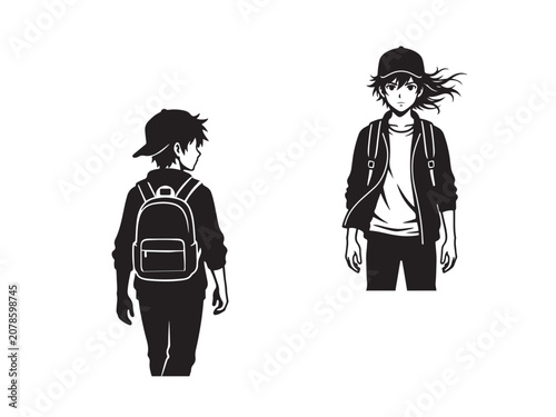 Graphic illustration of two students standing with backpacks in anime style