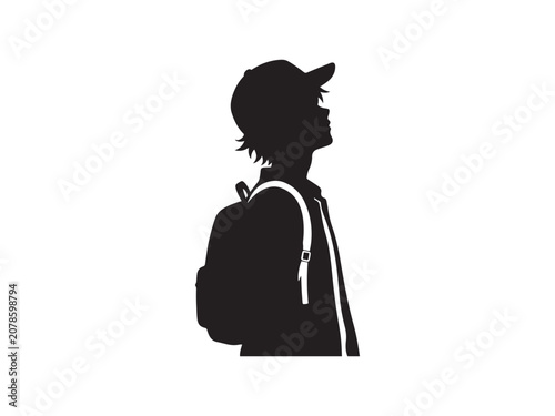 Silhouette illustration of a young student with a backpack wearing a baseball