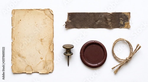 Vintage paper ephemera collection, antique aged blank parchment, rustic brown wax seal, old brass thumbtack, and natural twine, perfect for historical design and retro scrapbooking.