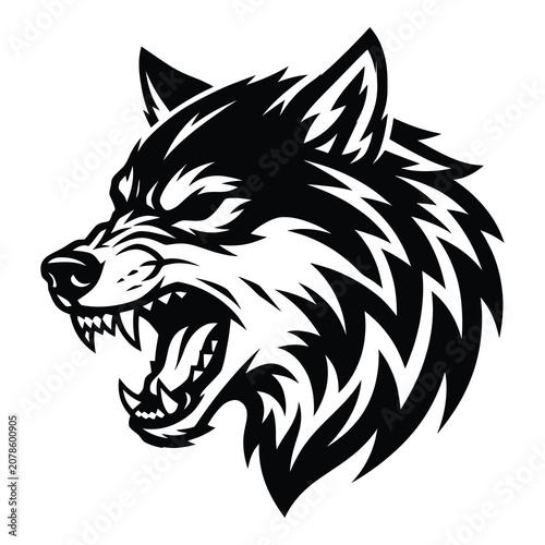 Картината върху платно Blackandwhite illustration of a snarling wolf head in profile icon