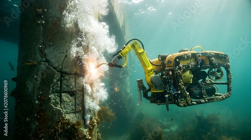 Industrial underwater ROV performing maintenance on bridge pillar, yellow robotic arm welding concrete structure, subsea drone inspection technology