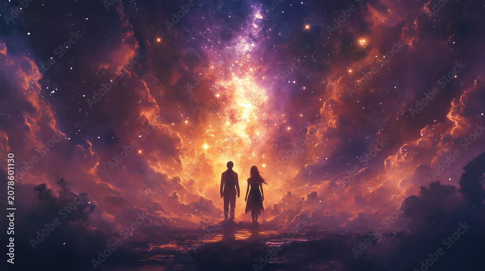 Fototapeta premium An image of a couple standing and gazing at a purple and gold universe.