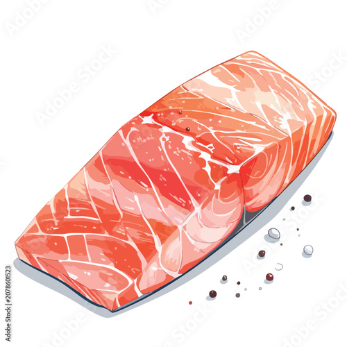 Fresh raw salmon fillet with black peppercorns on white.