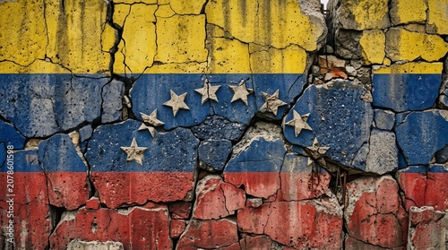 Flag of Venezuela painted on a cracked concrete wall.
