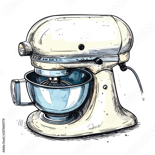 Hand Drawn Illustration of a Retro Style Kitchen Stand Mixer.