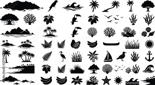 Fotografie Black silhouettes of tropical island including palm trees, birds, and sea symbol