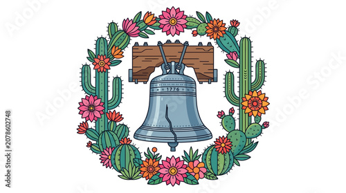 Liberty Bell Surrounded by Southwestern Desert Cacti and Blooming Flowers