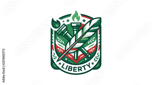 Liberty Emblem with Torch and Quill Pen Vector Illustration