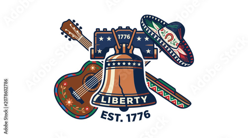 Liberty Bell with Mexican Guitar and Sombrero Illustration