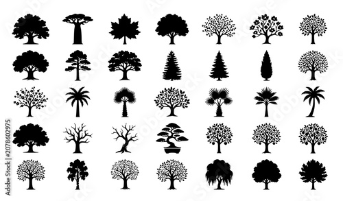 Fotografie Tree silhouette icon set featuring various forest, oak, pine, palm, and baobab p