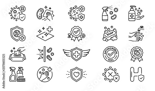 Schilderij op canvas Sanitization and Disinfection Outline Icon Set with Cleaning Spray, Surface Prot