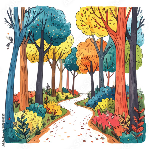 Whimsical Watercolor Forest Path Illustration with Colorful Trees.