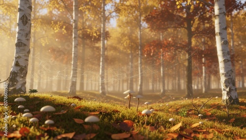Small white mushrooms scattered on mossy forest floor in beautiful golden autumn light with spider webs between trees