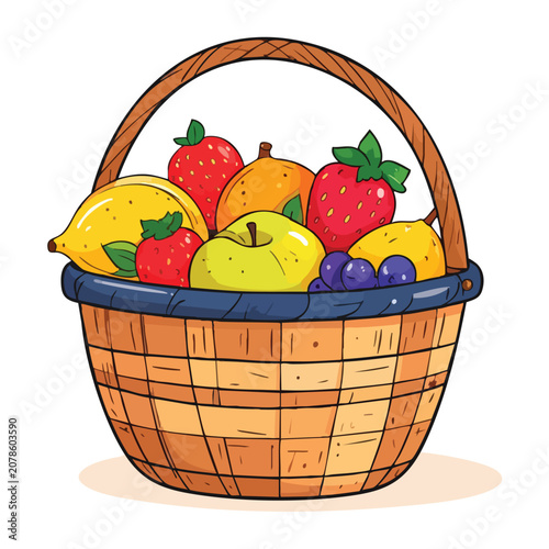 Colorful illustration of a wooden basket filled with various fresh fruits.