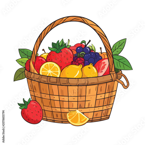 Hand Drawn Wicker Basket Filled With Fresh Colorful Fruits And Berries.