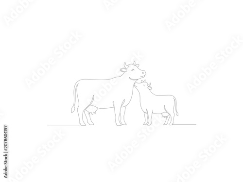 Minimalist line art of a family of cows standing in a row with livestock