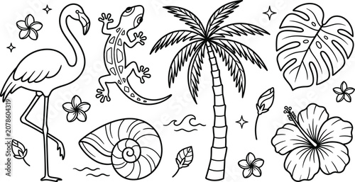 Tropical summer vector line art icon set featuring flamingo palm tree lizard monstera leaf and hibiscus flower