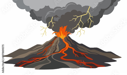 Fotografie Flat vector illustration of erupting Mauna Loa volcano with volcanic lightning a