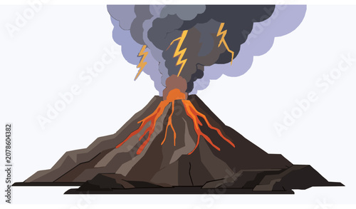 Φωτογραφία Mauna Loa volcano erupting with lightning smoke and volcanic landscape isolated