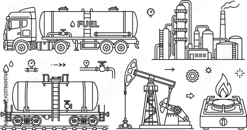 Quadro su tela Oil and gas industry icon set with fuel truck refinery plant tank railcar pumpja