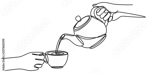 Konstfotografi Continuous single line drawing of a hand pouring hot tea from a teapot into a cu