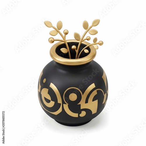 3D rendered illustration of an ornate black ceramic vase with golden abstract patterns and leaves