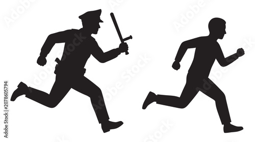 Konstfotografi Running Police Officer And Suspect Silhouette chase
