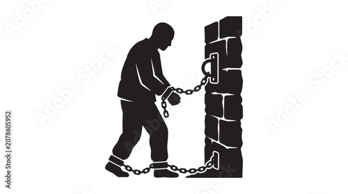 Tableau sur toile Man Chained To Stone Wall Black Silhouette