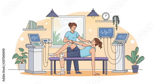 Physical therapist assisting patient with leg exercise on therapy table.