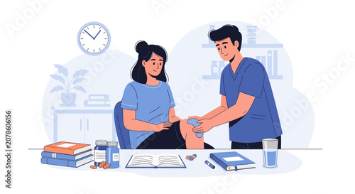 Doctor examining patients knee during medical consultation.