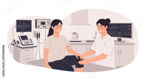 Physical therapist examining a patients knee during a medical examination.