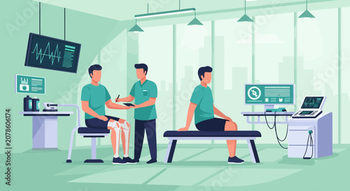 Physical therapy session with doctor and patient in clinic.