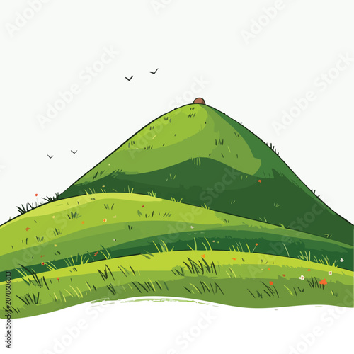 A hand drawn cartoon illustration of a green grassy hill with small birds.