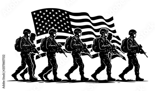 Fotografía Military patrol silhouette vector illustration with American flag and discipline