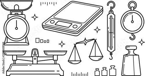 Canvas-taulu Vintage and modern weighing scales vector set with kitchen digital balance and b