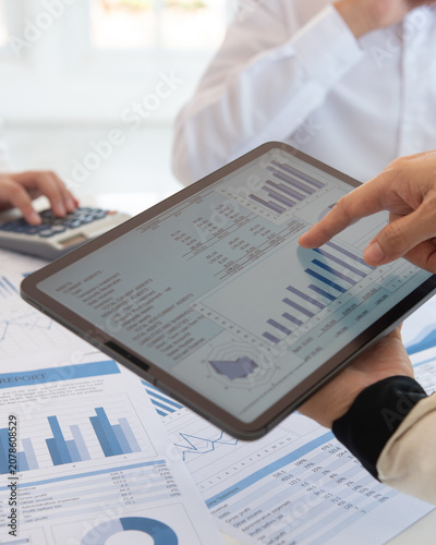 Finance Investment consultant analyze data insight and financial planning strategy for investment portfolio growth.