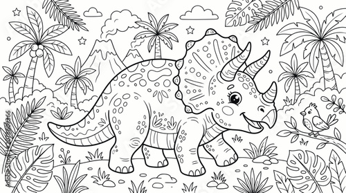 Fotografie Dinosaur Triceratops Walking Alone Slowly.