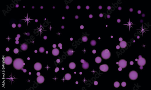 Purple bokeh lights and stars on a dark background for overlay and design