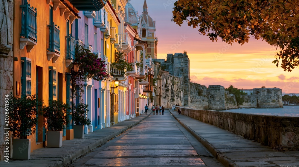 Fototapeta premium Golden Hour Over the Ramparts: Sunset Radiance Across the Historic Walled City of Cartagena
