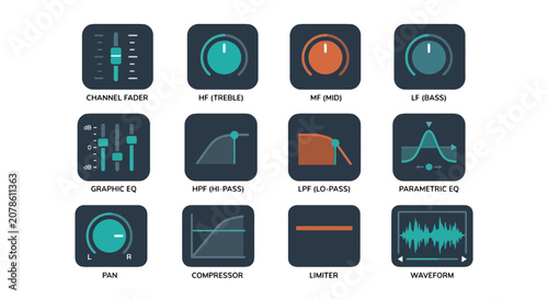 Audio mixing console control interface icons set for sound engineering
