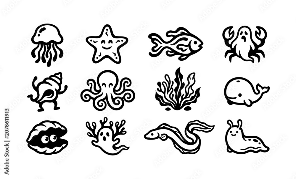 Obraz premium Cute Hand-Drawn Sea Life Icon Set Featuring Adorable Aquatic Animals and Ocean Plants in Black and White Doodle Style