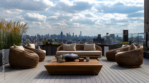 Modern outdoor fireplace lounge on rooftop terrace with city skyline view at dusk