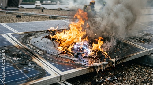 Solar panel fire burns on rooftop with smoke and flames rising high