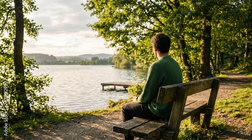 Man sitting on wooden bench by lake enjoying nature view, peaceful relaxation in forest park, calm water landscape with mountains background, solitude and tranquility concept