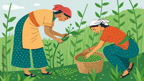 Women harvesting green coffee beans in a field flat illustration with agriculture plantation production cultivation collecting countryside industry landscape beverage gathering sustainabilit