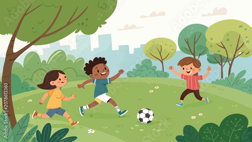 Happy multiethnic children playing soccer together in a park illustration with children football childhood together multiethnic activity exercise recreation friendship lifestyle competition