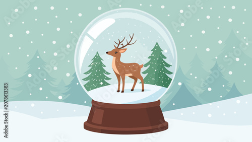 Cartoon christmas snow globe with reindeer and snowy forest background snowglobe reindeer christmas seasonal decoration illustration background celebration whimsical greeting character