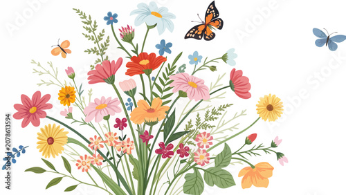 Watercolor wildflower bouquet illustration with flying monarch butterflies wildflowers watercolor botanical painting blooming illustration colorful artistic springtime butterfly